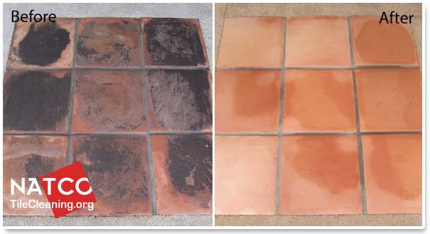 before and after stripping saltillo tiles