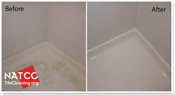before after cleaning fiberglass shower pan